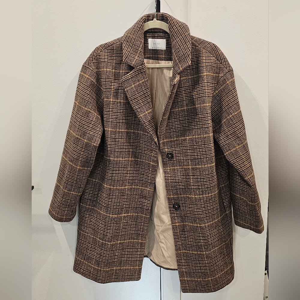[SOLD] OAK + FORT Brown Plaid Coat - Picture 2 of 5